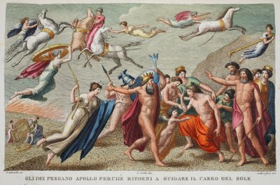 Disgruntled Apollo refuses to drive or Gli Dei Pregano Apollo Perche ritorni a guidare il carro del sole, illustration from Ovid